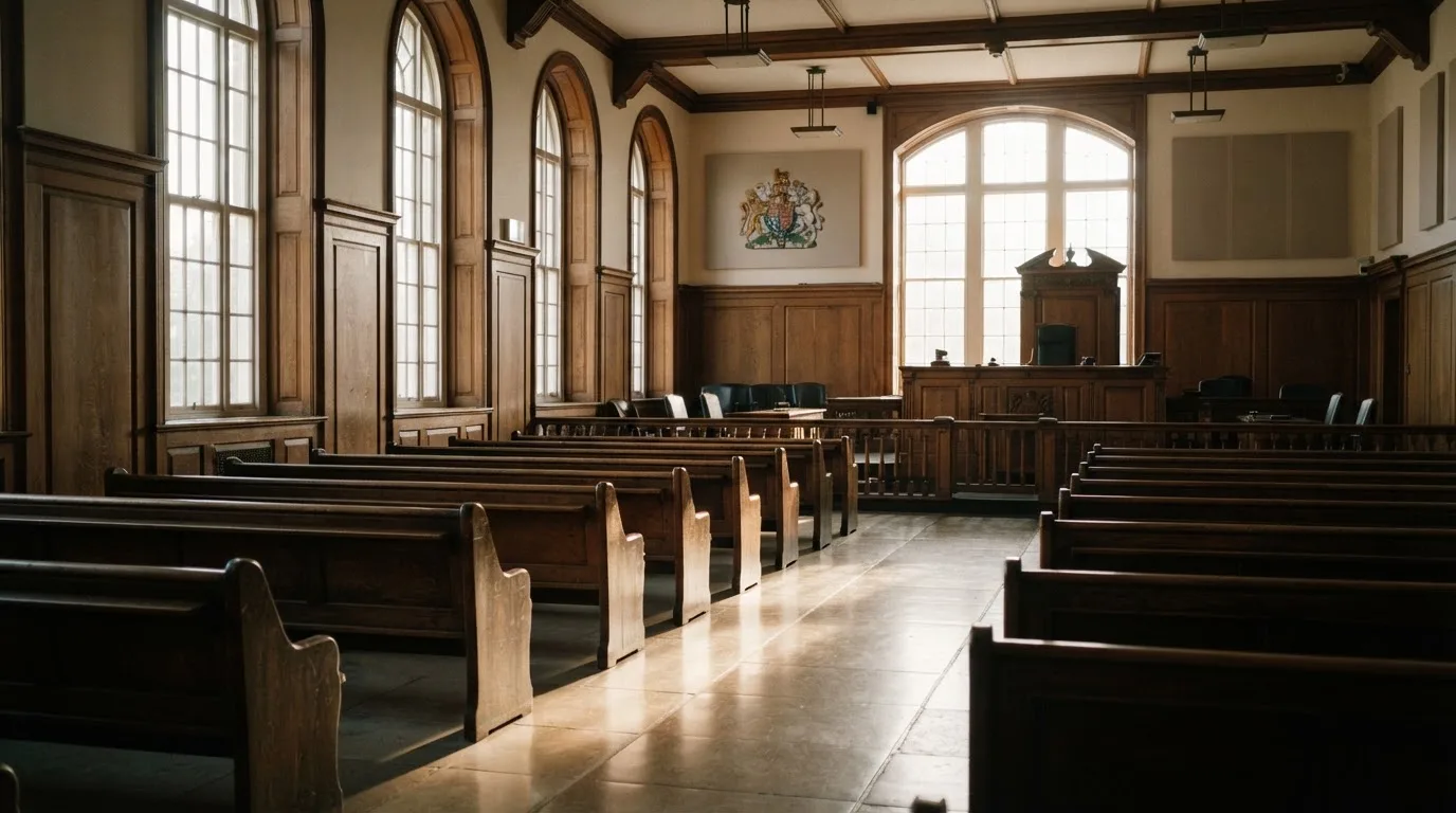 An empty courtroom with wooden benches in morning light