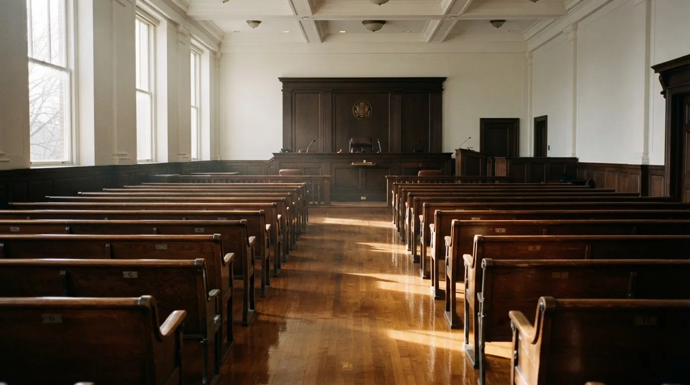 An empty courtroom with wooden benches in morning light