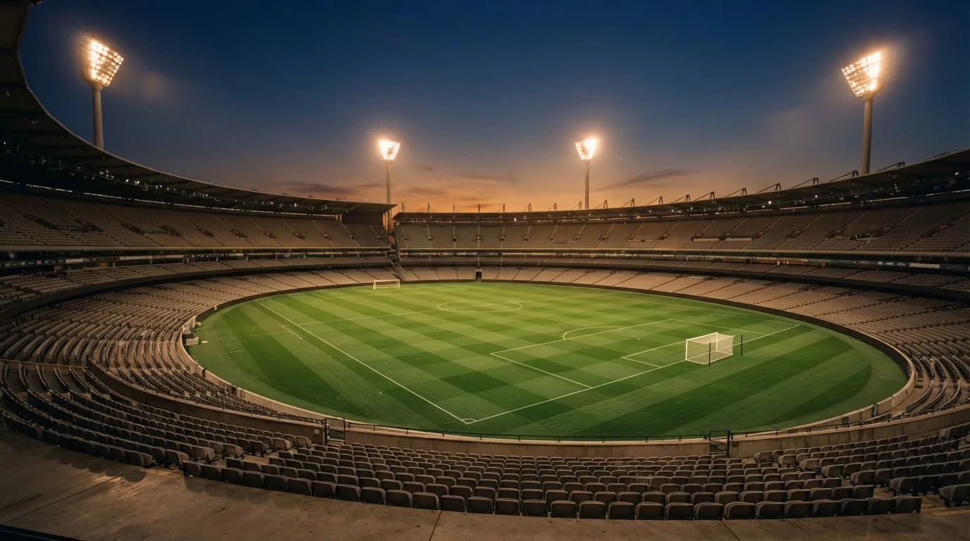 An empty football stadium with floodlight masts at dusk