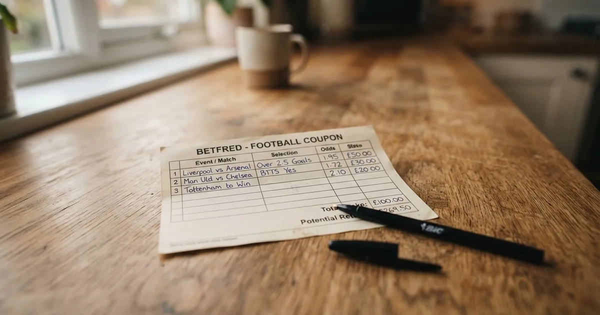 A blank paper betting slip beside a pen on a wooden counter