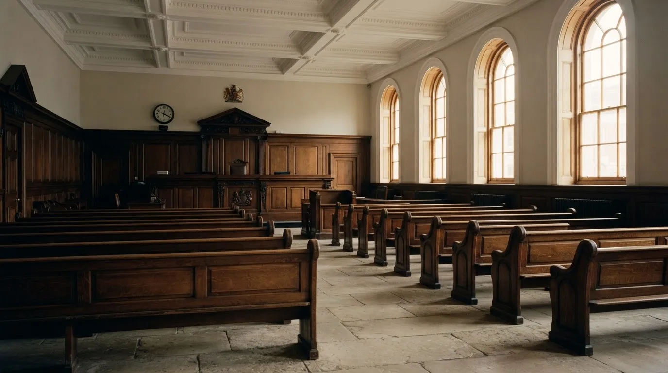 An empty courtroom with wooden benches in morning light