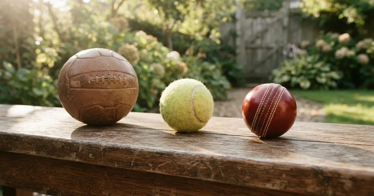 Three balls of different kinds side by side on a wooden bench