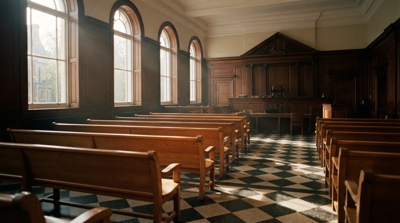 An empty courtroom with wooden benches in morning light