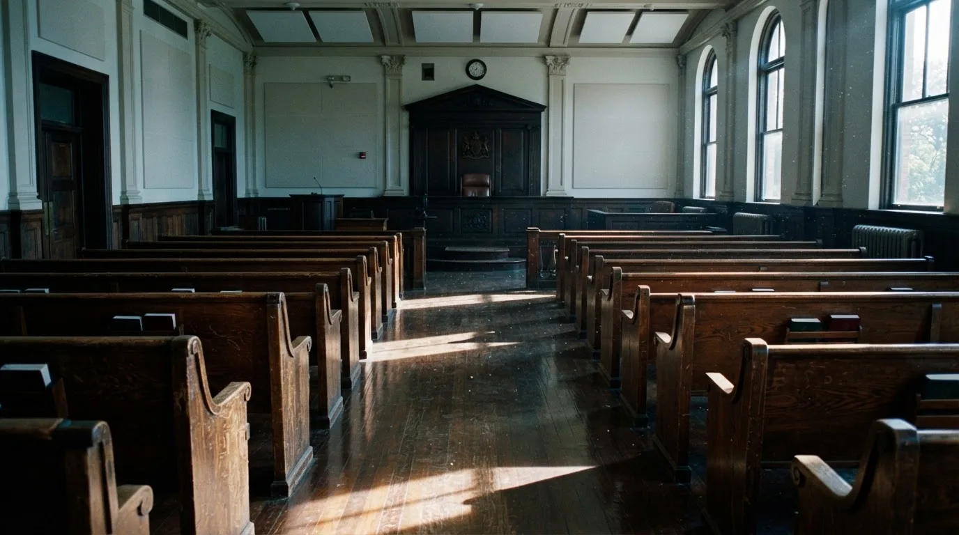 An empty courtroom with wooden benches in morning light