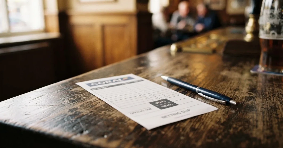 A blank paper betting slip beside a pen on a wooden counter