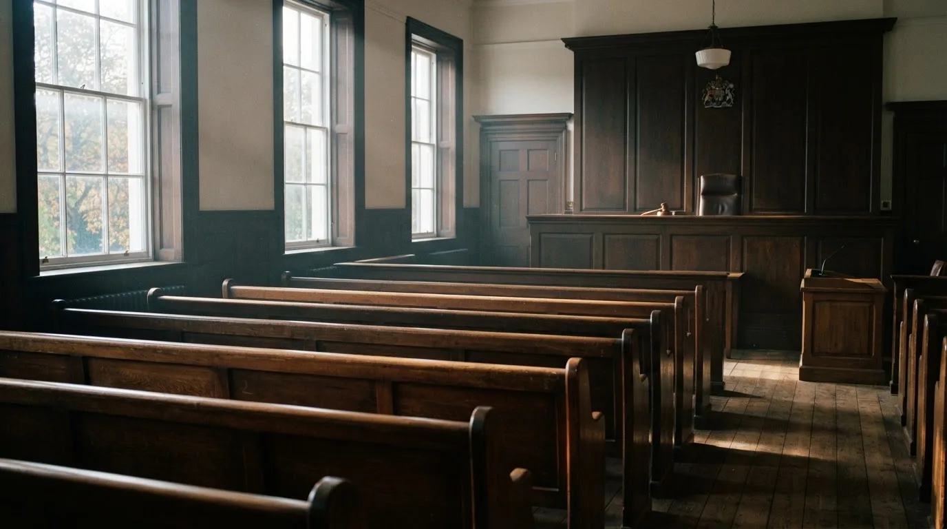 An empty courtroom with wooden benches in morning light
