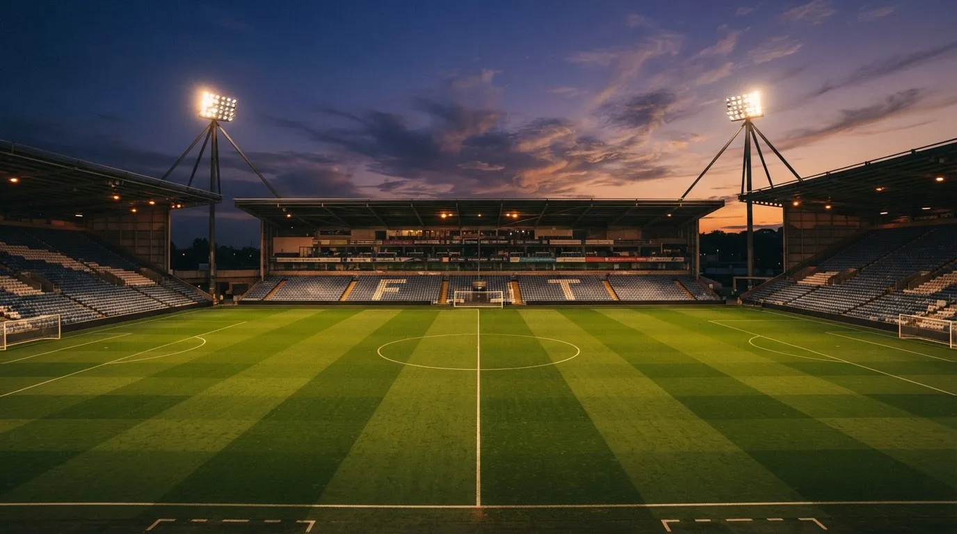 An empty football stadium with floodlight masts at dusk