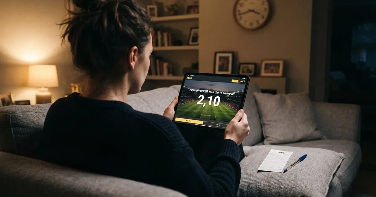 A person on a sofa looking thoughtfully at a tablet, a wall clock in the background