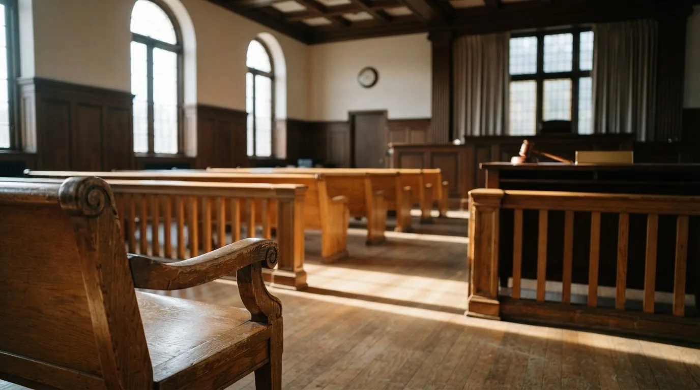 An empty courtroom with wooden benches in morning light