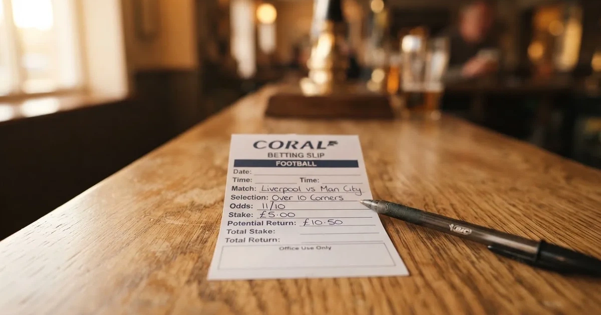 A blank paper betting slip beside a pen on a wooden counter
