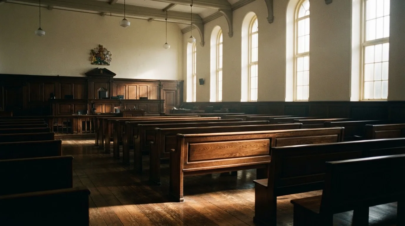 An empty courtroom with wooden benches in morning light