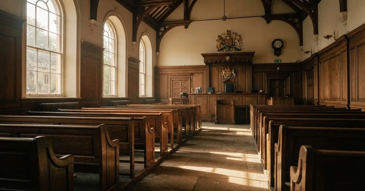 An empty courtroom with wooden benches in morning light