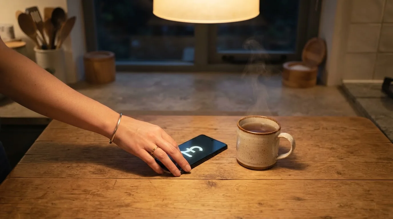 A hand setting a smartphone down beside a cup of tea on a kitchen table on a quiet evening