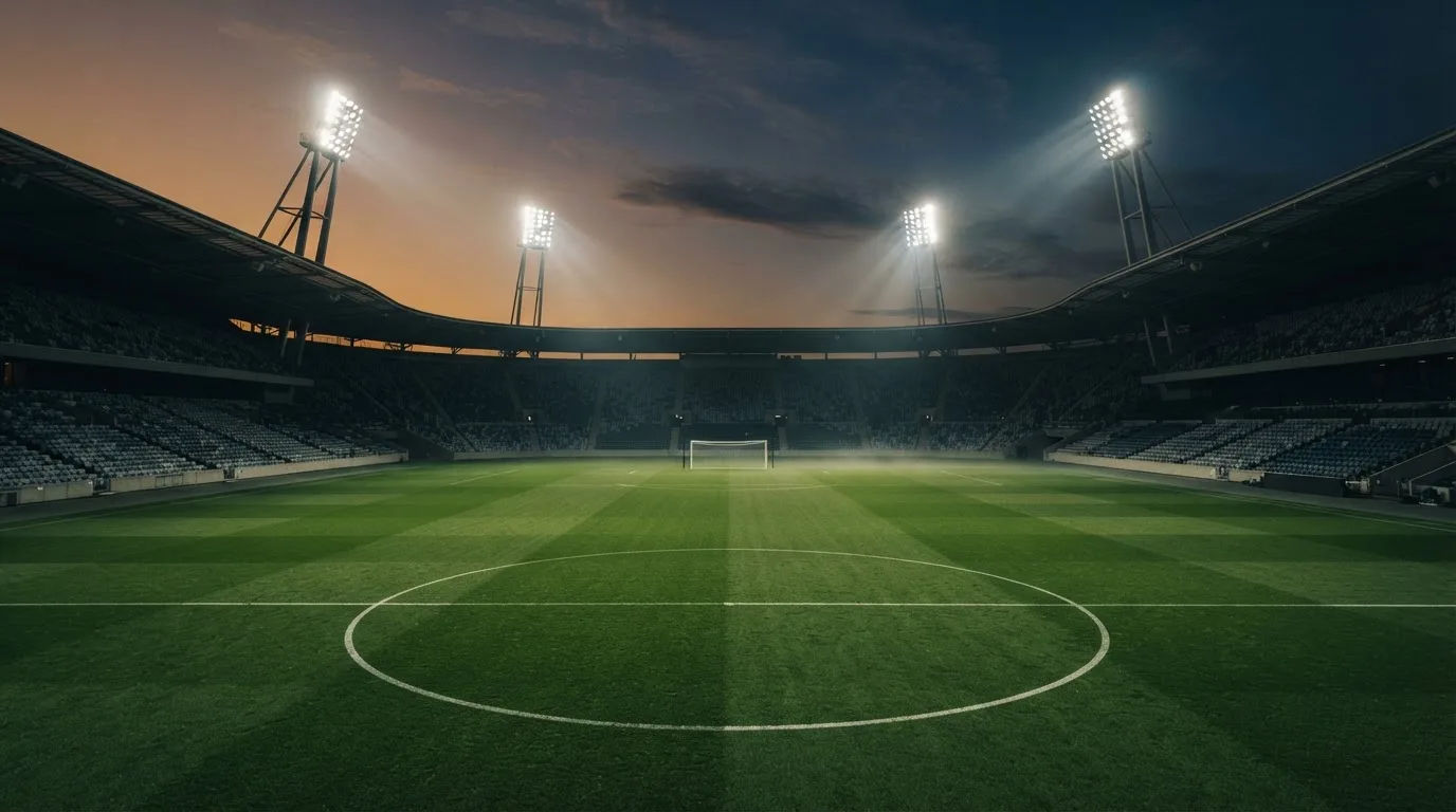 An empty football stadium with floodlight masts at dusk