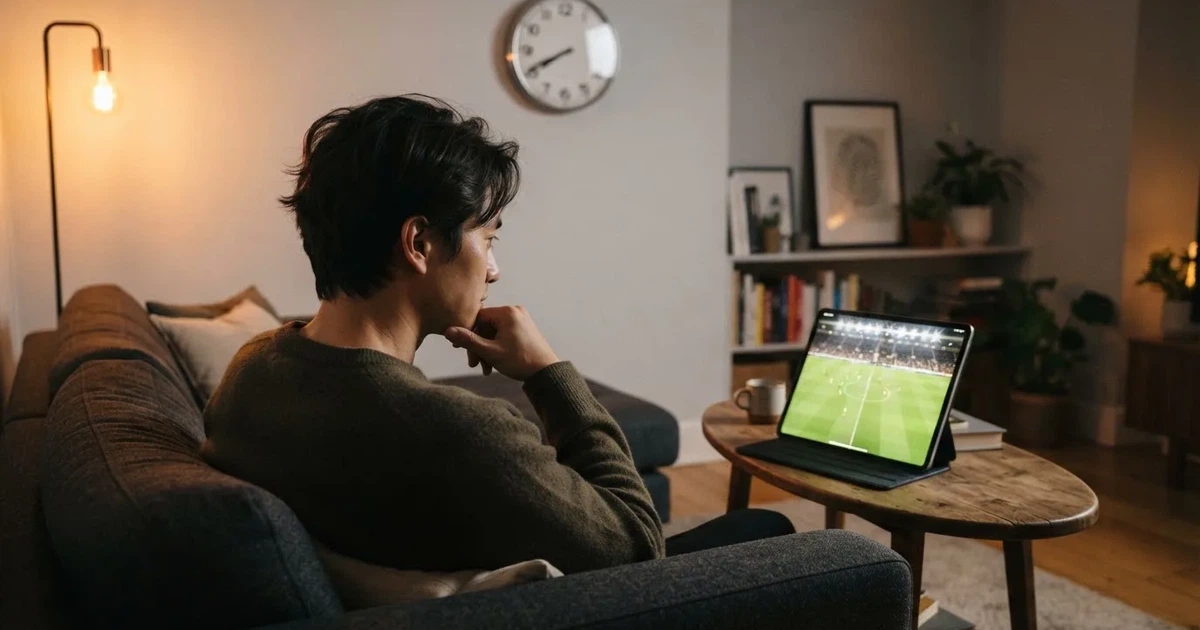 A person on a sofa looking thoughtfully at a tablet, a wall clock in the background
