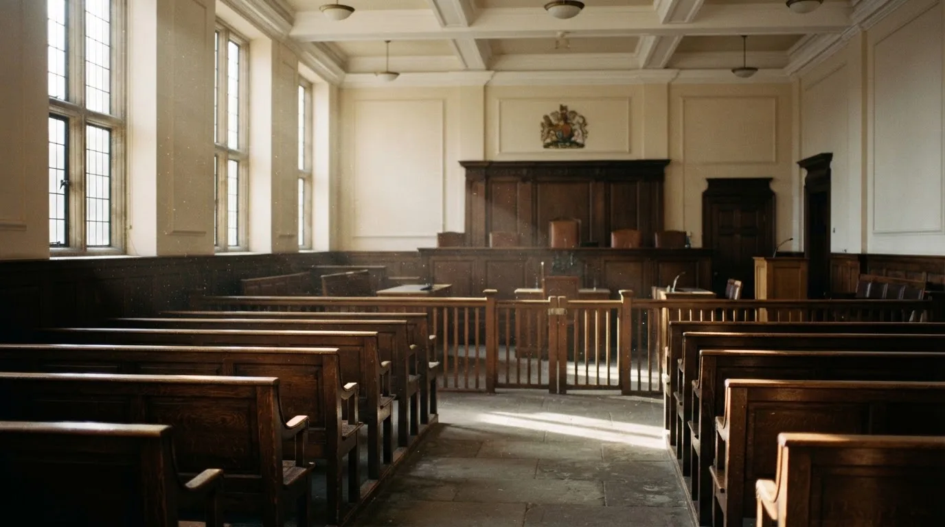 An empty courtroom with wooden benches in morning light
