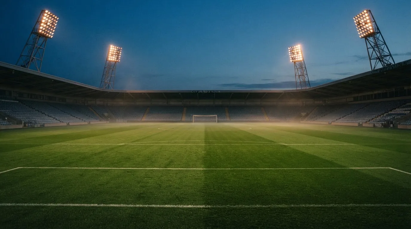 An empty football stadium with floodlight masts at dusk