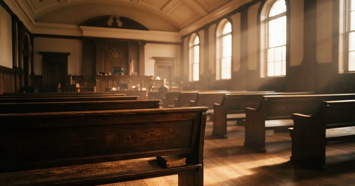 An empty courtroom with wooden benches in morning light