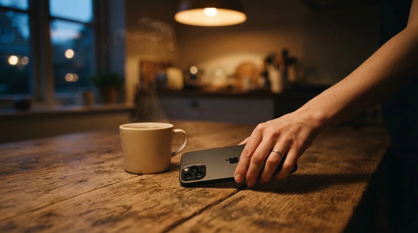 A hand setting a smartphone down beside a cup of tea on a kitchen table on a quiet evening