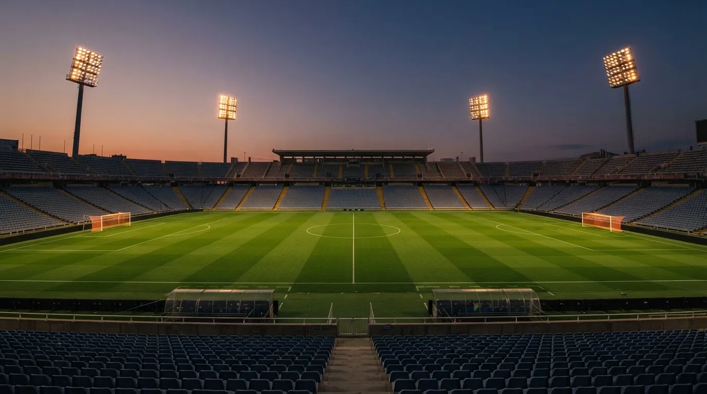 An empty football stadium with floodlight masts at dusk