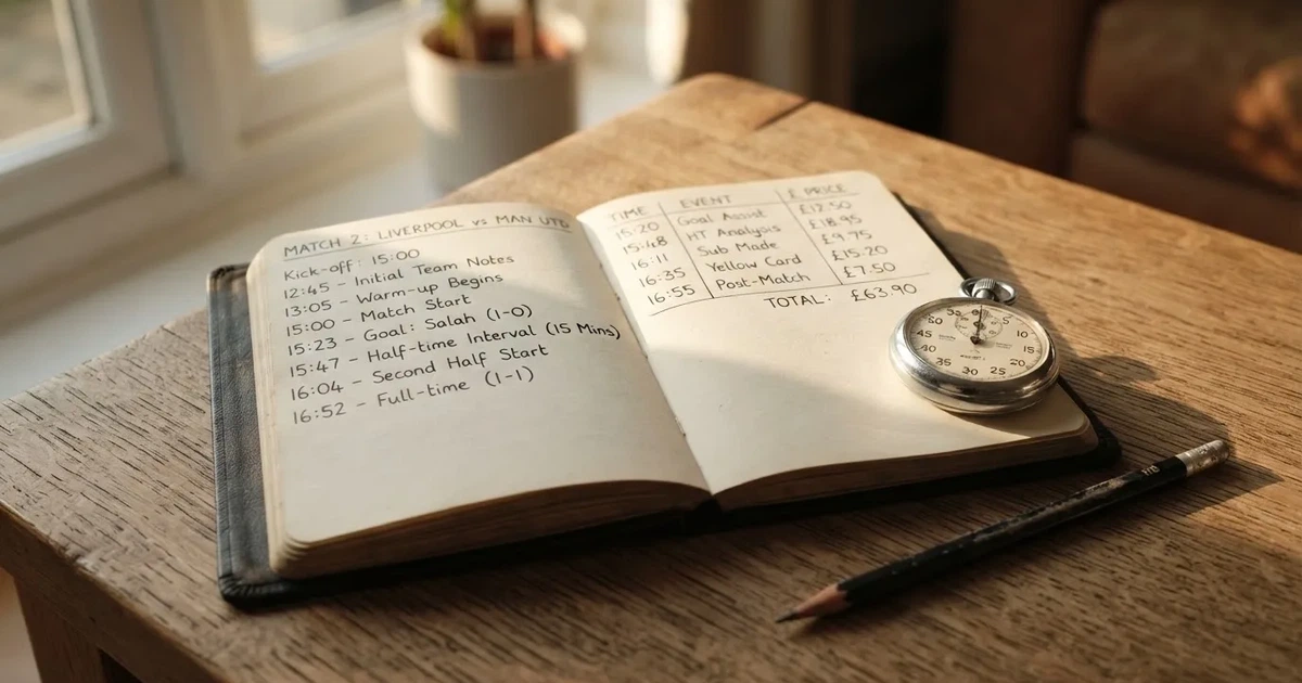 An open notebook with a pencil and a stopwatch on a wooden table