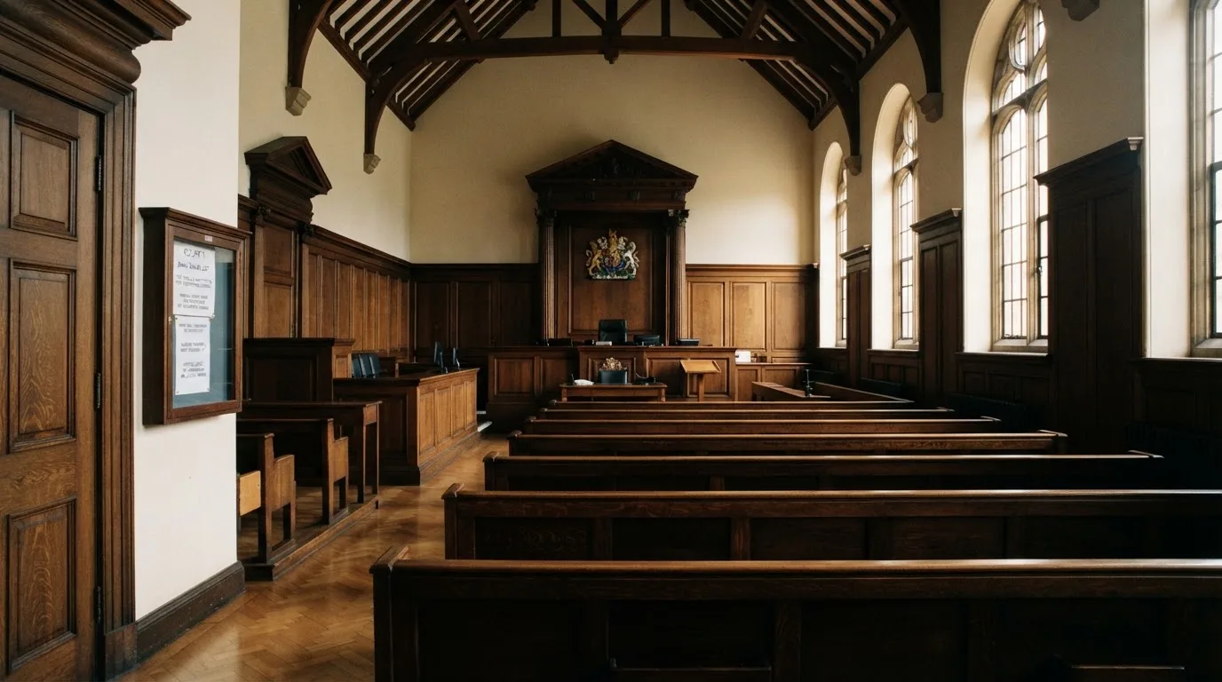An empty courtroom with wooden benches in morning light