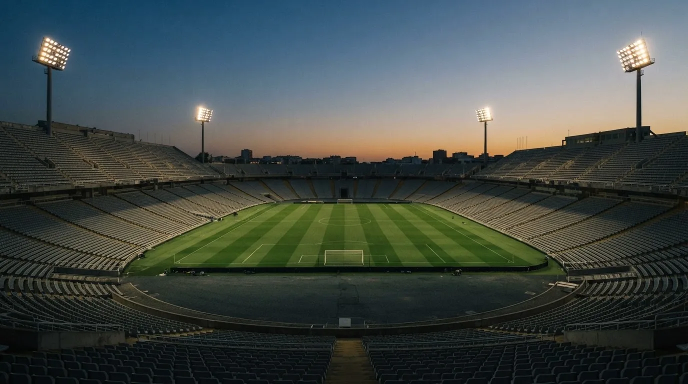 An empty football stadium with floodlight masts at dusk
