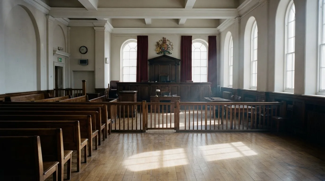 An empty courtroom with wooden benches in morning light