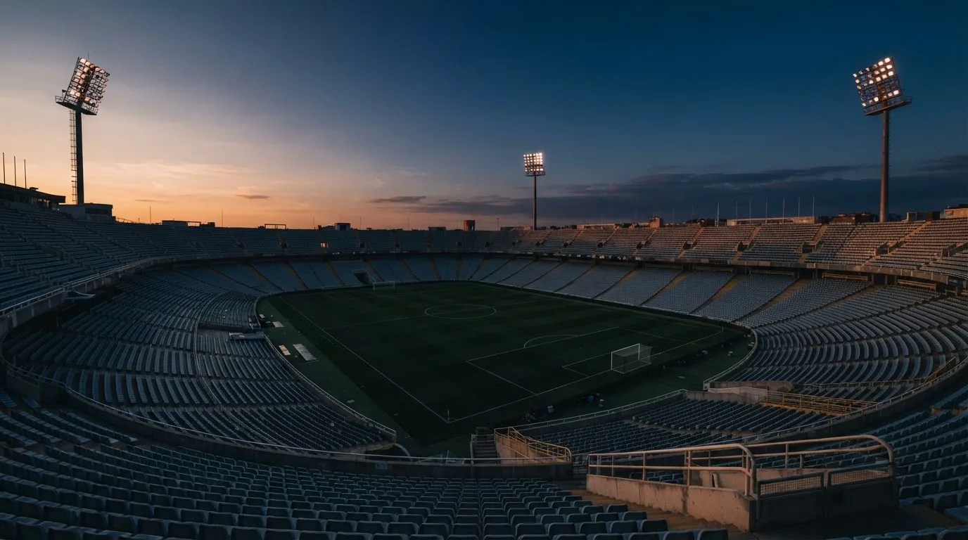 An empty football stadium with floodlight masts at dusk