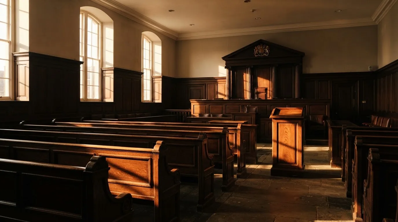 An empty courtroom with wooden benches in morning light