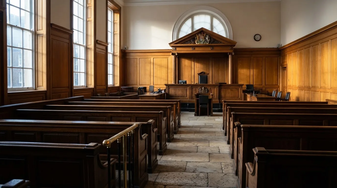 An empty courtroom with wooden benches in morning light