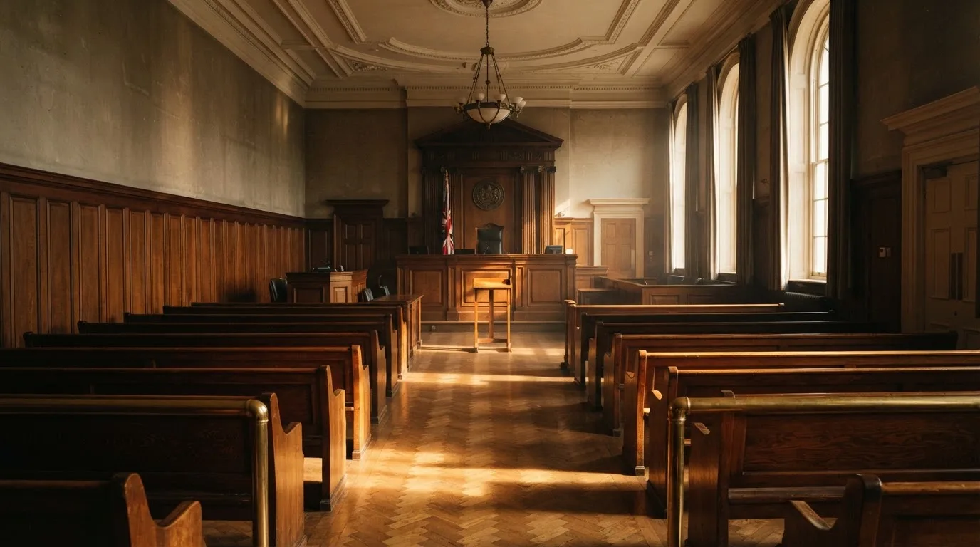 An empty courtroom with wooden benches in morning light