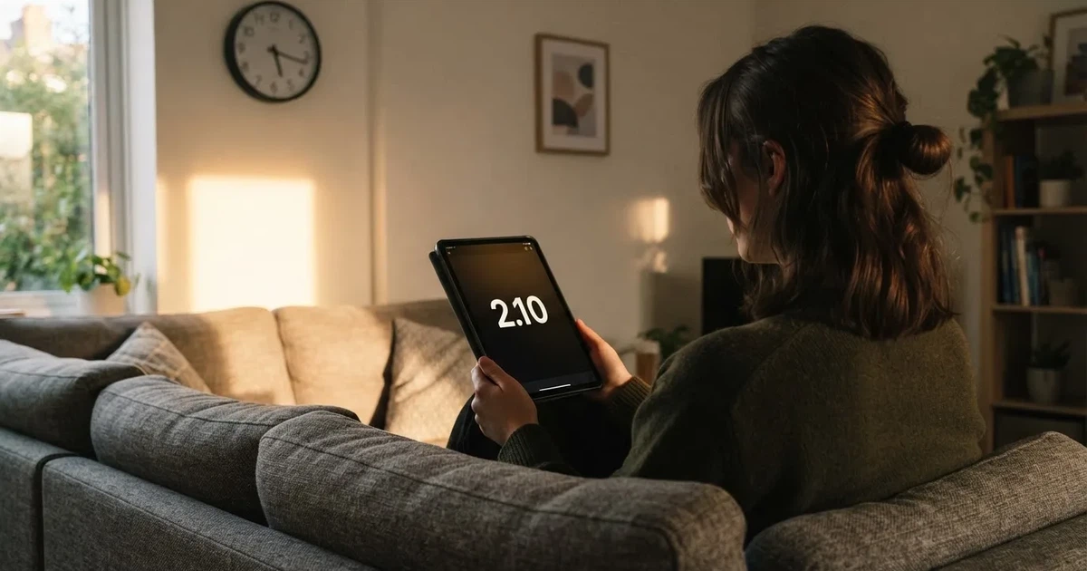 A person on a sofa looking thoughtfully at a tablet, a wall clock in the background