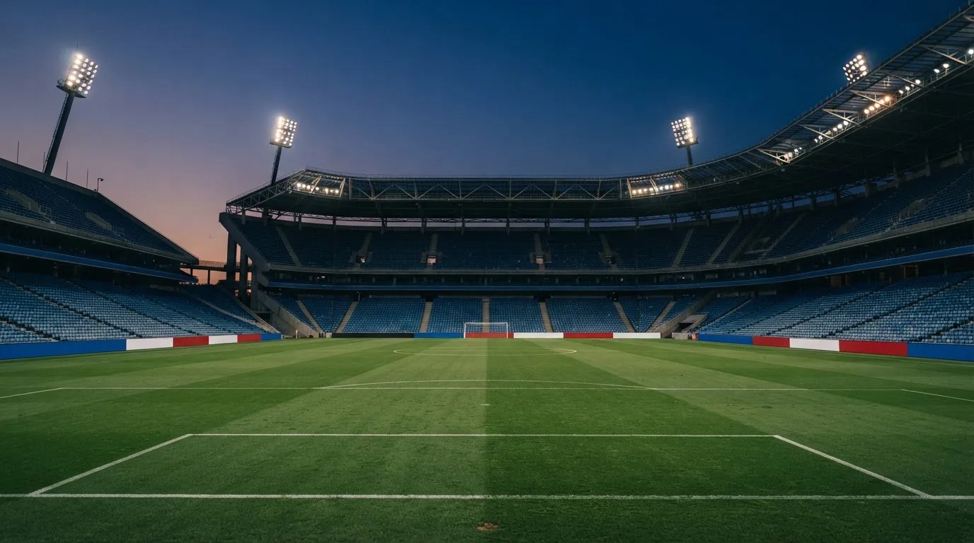 An empty football stadium with floodlight masts at dusk