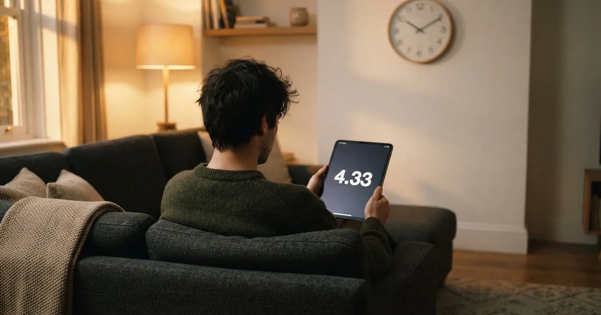 A person on a sofa looking thoughtfully at a tablet, a wall clock in the background