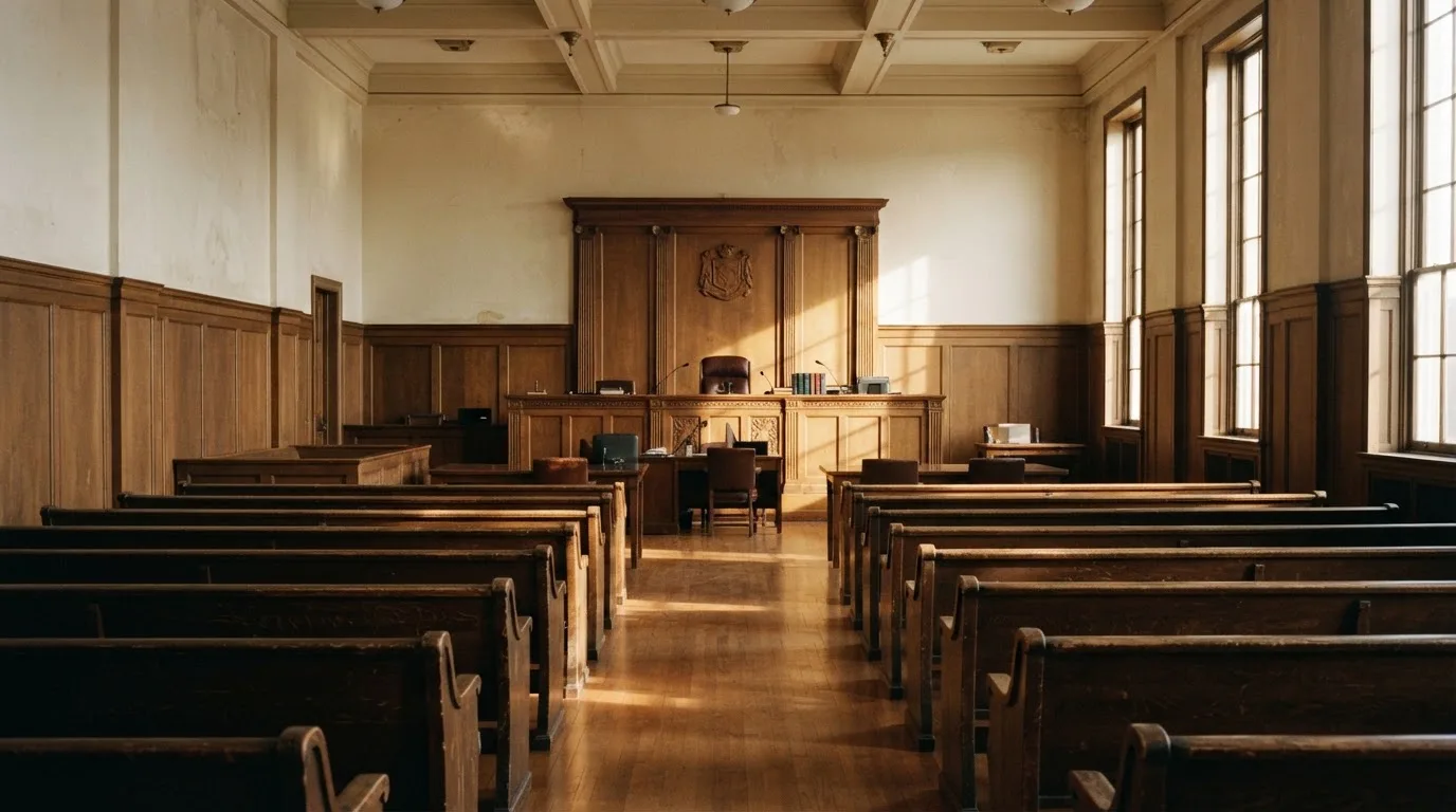An empty courtroom with wooden benches in morning light