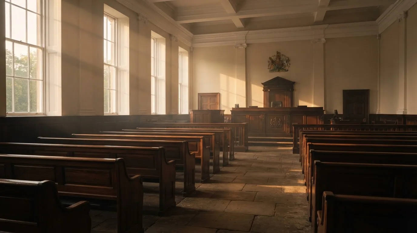 An empty courtroom with wooden benches in morning light