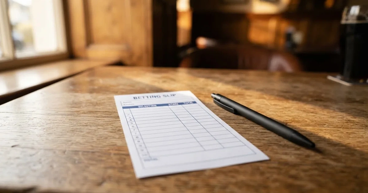 A blank paper betting slip beside a pen on a wooden counter