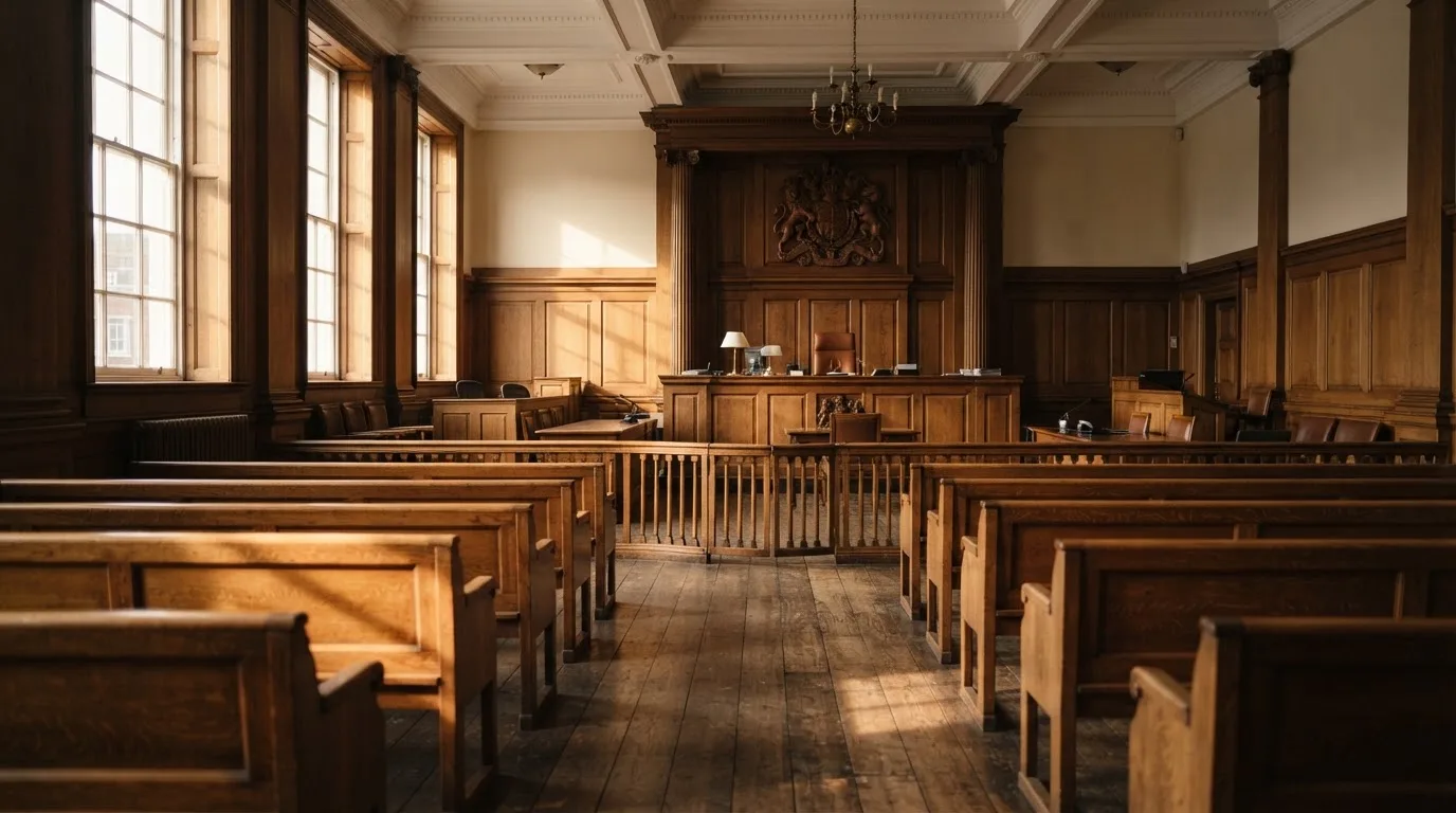 An empty courtroom with wooden benches in morning light