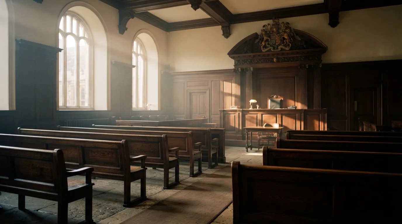 An empty courtroom with wooden benches in morning light