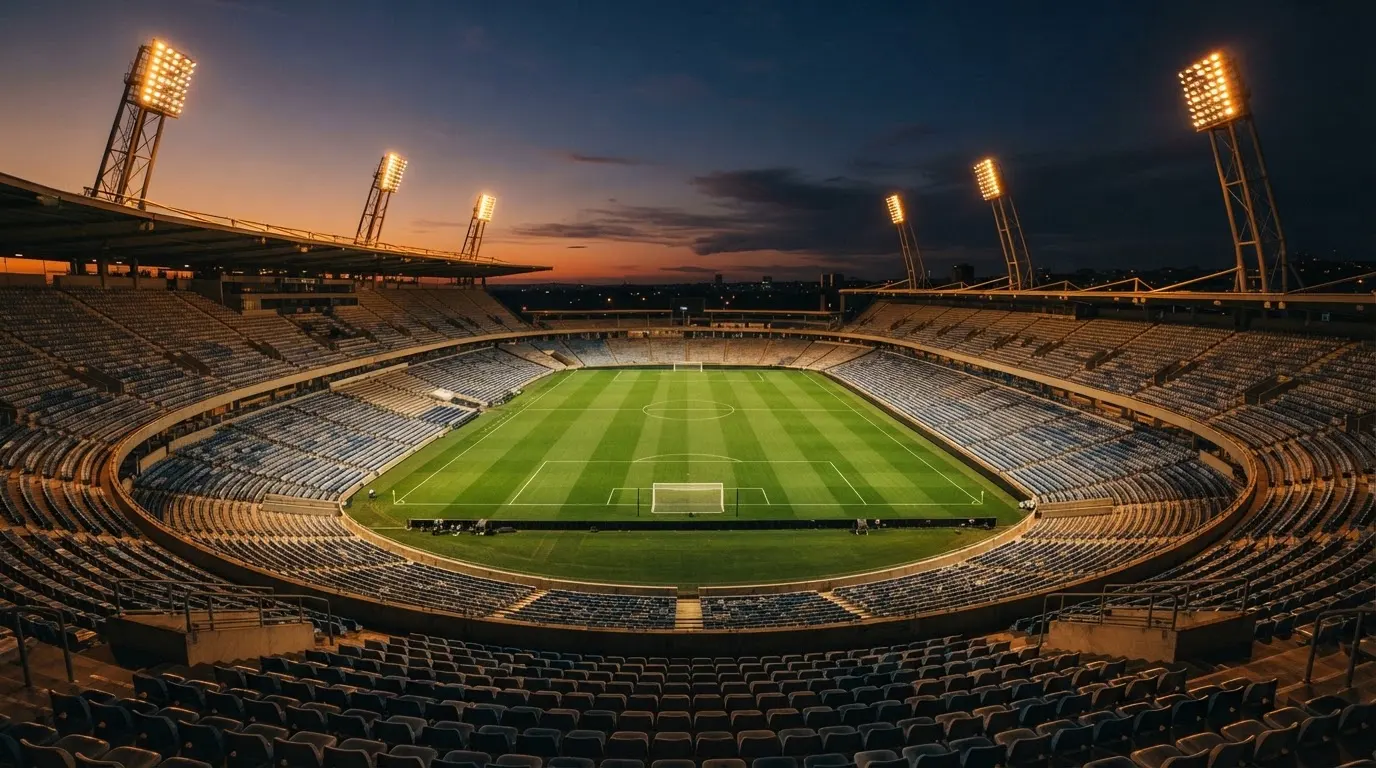 An empty football stadium with floodlight masts at dusk