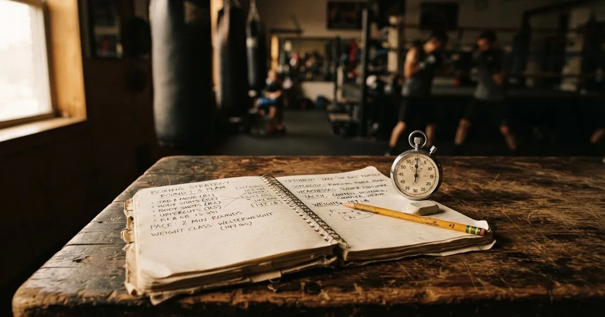An open notebook with a pencil and a stopwatch on a wooden table