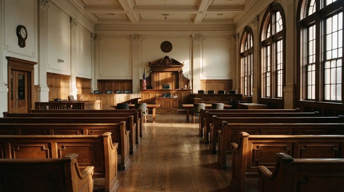 An empty courtroom with wooden benches in morning light