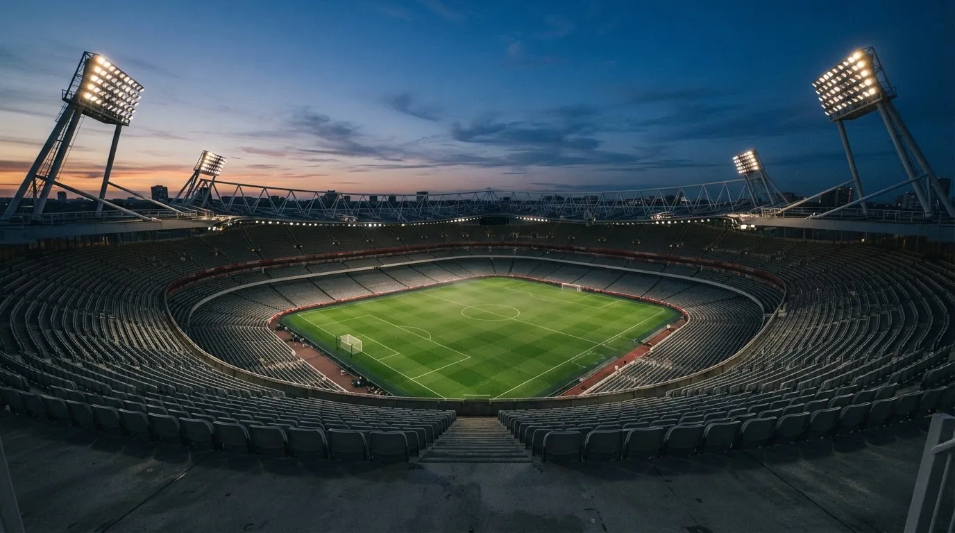 An empty football stadium with floodlight masts at dusk