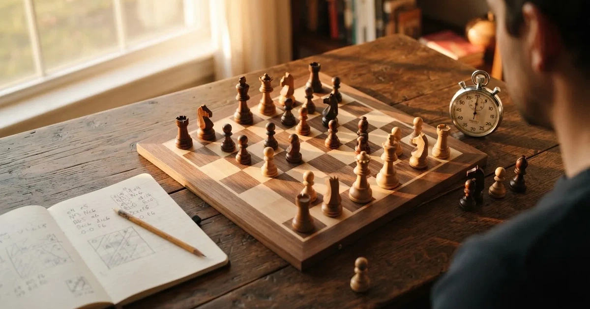 An open notebook with a pencil and a stopwatch on a wooden table