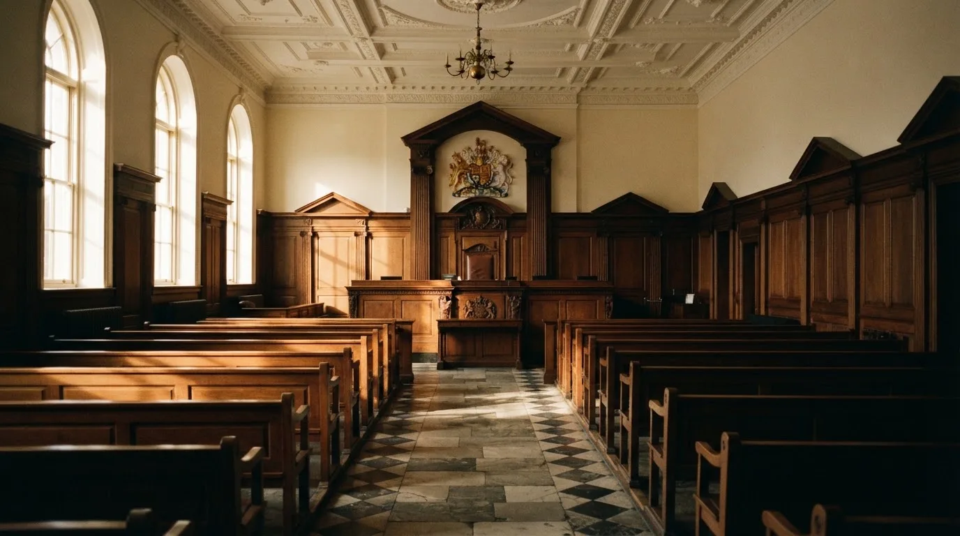 An empty courtroom with wooden benches in morning light