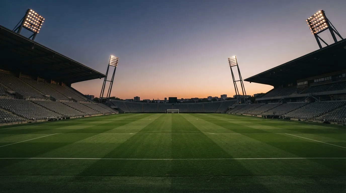 An empty football stadium with floodlight masts at dusk