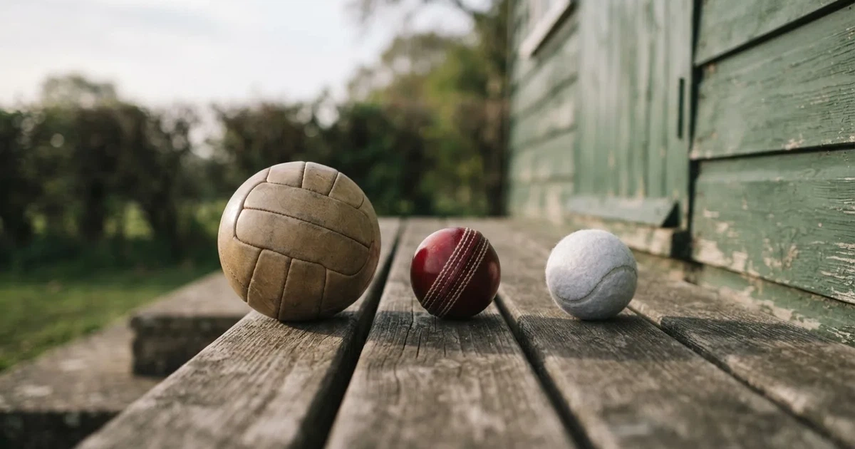 Three balls of different kinds side by side on a wooden bench