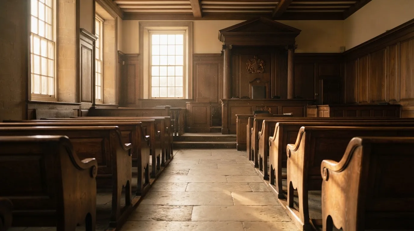 An empty courtroom with wooden benches in morning light