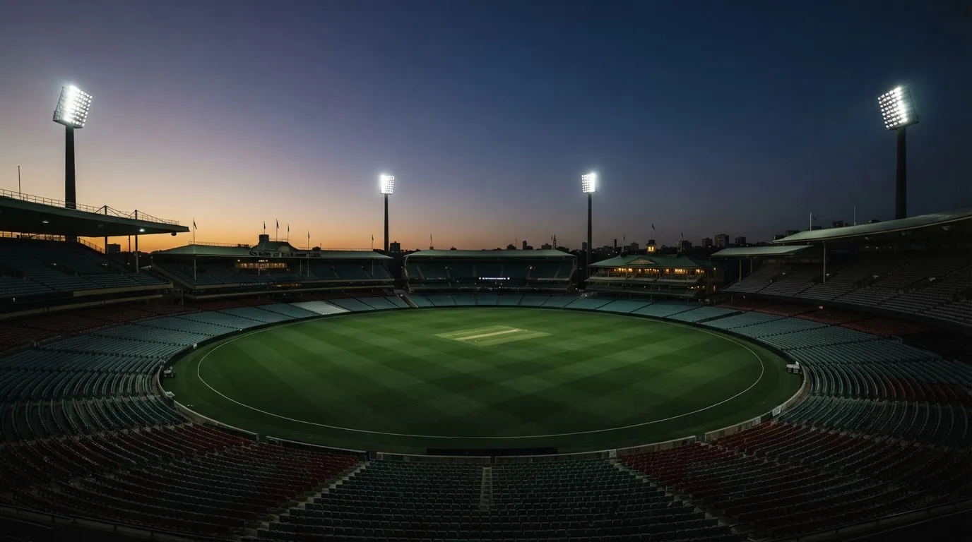 An empty football stadium with floodlight masts at dusk